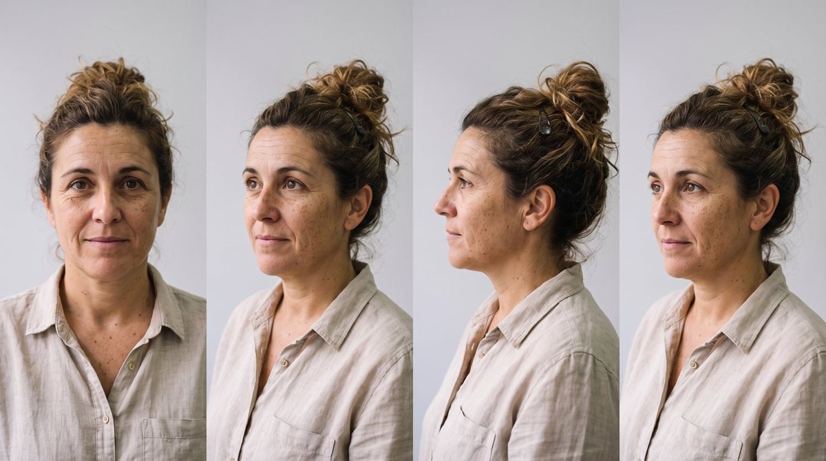Hoja de personaje con la misma cara en cuatro ángulos