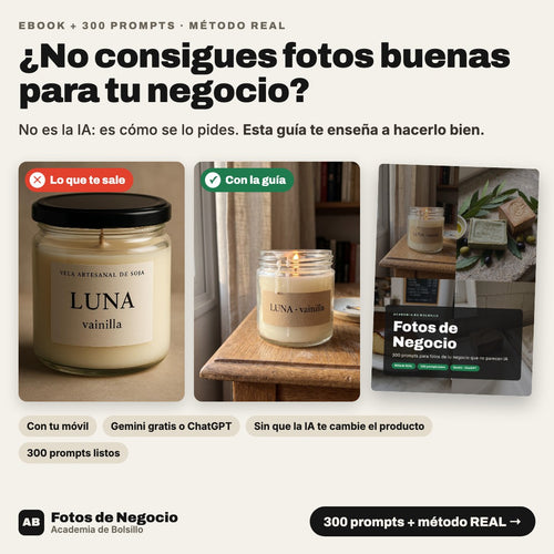 ¿No consigues fotos buenas para tu negocio? Una vela con un prompt normal, la misma vela con la guía y la portada del ebook