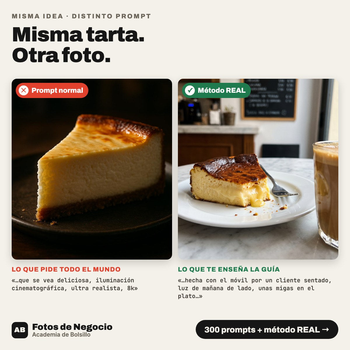 Tarta con un prompt normal frente a la misma tarta con el método REAL