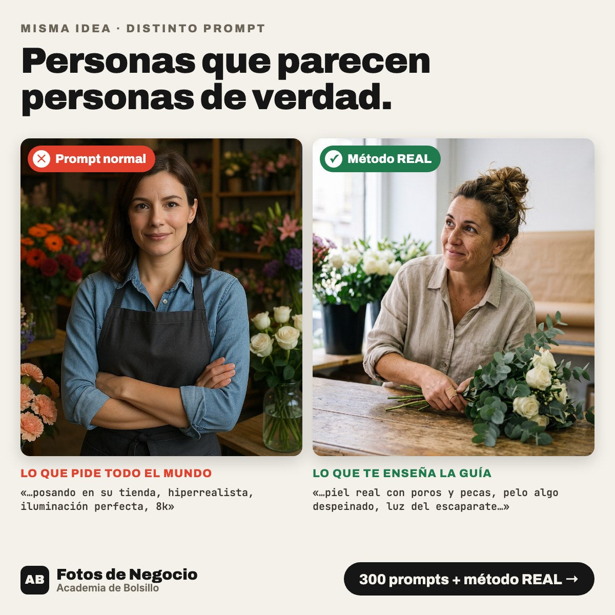 Florista con un prompt normal frente a una florista con el método REAL