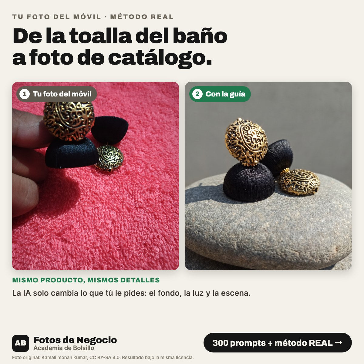 Pendiente fotografiado con el móvil sobre una toalla y el mismo pendiente en foto de catálogo